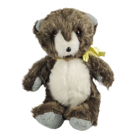 Teddy Bear Plush Brown Cream Furry Yellow Bow Fuzzy Loveable Stuffed Animal - Picture 9 of 9